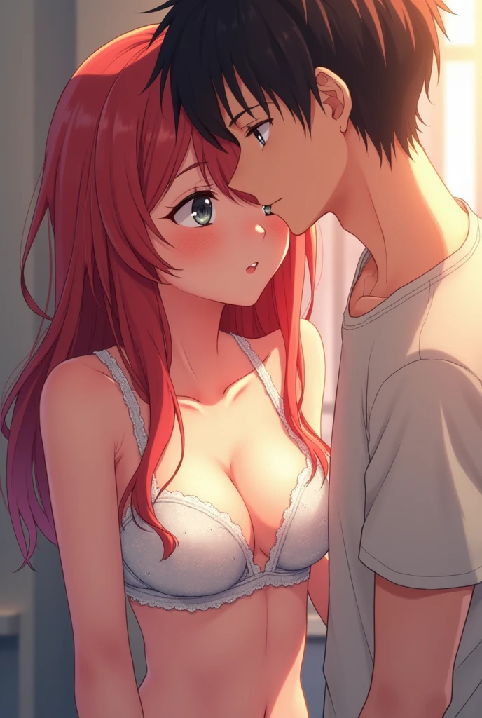 (The 8k quality, Highly detailed, masutepiece, Ultra-detailed),(2girl with)、18year old,Blazer Uniform,a miniskirt,lyin in bed,,(((Kiss on the cheek)))、(Hugging from behind),((Putting Hands in Pantys,Touching the chest with your hands)),Push each other、Half-open lips、Beautiful、A look of bewilderment,red blush(0.2)、Functional、seductiv、Trance、instigate、Beauty、bustup、Dramatic light、precise drawing、Detailed drawing、Precise anatomy、(No Underwear),beatiful backgrounds,(NSFW:1.5)