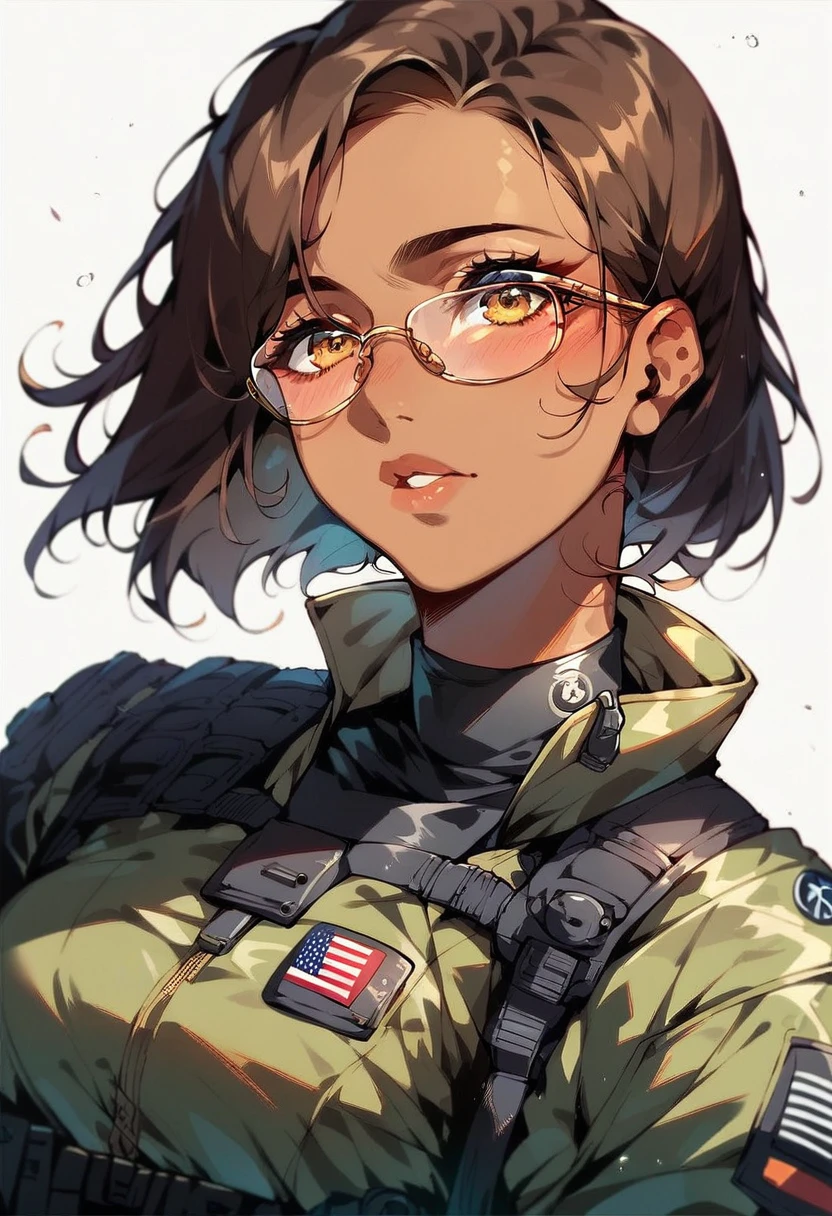 beautiful shy anime pilot woman, tanned skin, brown hair, aviator glasses, yellow eyes, tight black tactical millitary flightsuit, waist up