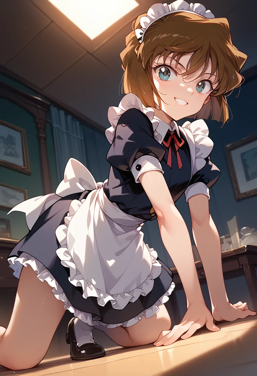 masterpiece,High resolution,Highest quality,8k(Detective Conan,ai haibara) (,,Flat Chest,Short,Brown Hair,short hair) ((Maid clothes))On all fours,From below,smile