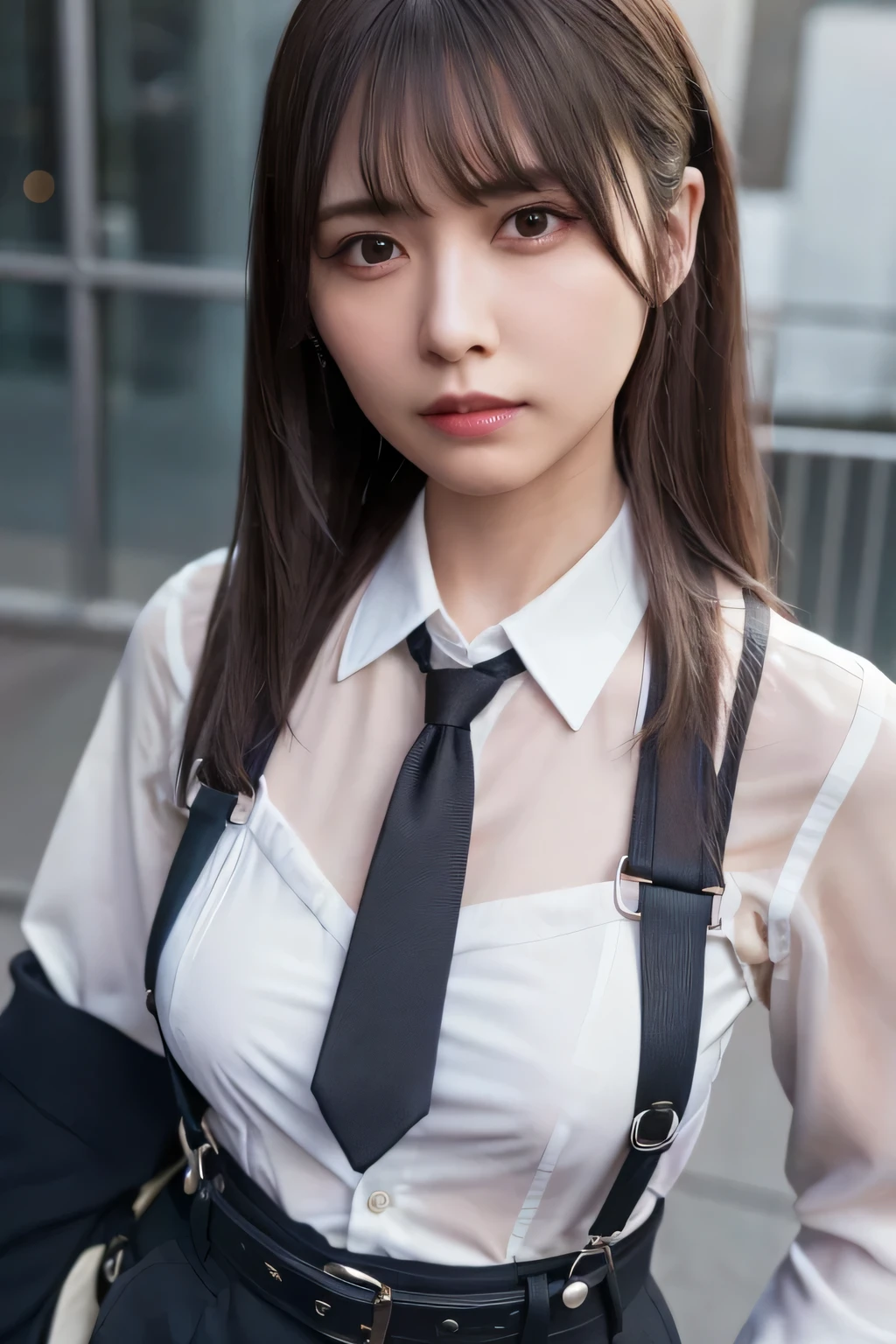 a woman in a suit, belt, hands behind back, sweating, suspenders, black pants, sexly, large breasts, see-through clothing, rain, detective, office worker, white button-up shirt, (best quality,4K,8k,highres,masterpiece:1.2),ultra-detailed,(realistic,photorealistic,photo-realistic:1.37),hyper-detailed,highly detailed face and body, Slender thin suspenders Moderate breasts See-through shirt Nipples holster chain Pistol Armament criminal Female criminal knife Hands Behind Back Constraints