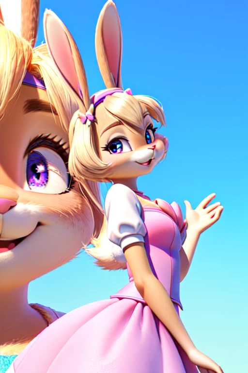 a close up of a cartoon bunny with a pink dress and a pink headband, cute 3 d render, lola bunny fanart, adorable digital painting, cute cartoon character, judy hopps from zootopia, cute anthropomorphic bunny, animation character, judy hopps, cute character, 3 d render stylized, bunny girl, 3 d cartoon, cute! c4d female sara rabbit precure style 