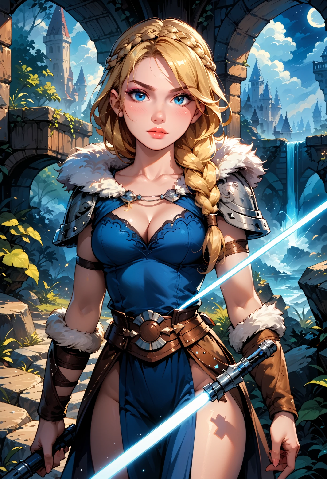 Dark Fantasy Art of score_9, score_8_up, score_7_up, rating_questionable, fantasy, lighting, epiCPhoto 1girl, solo, very sexy smuggler jedi (ASTRIDHOFFERSON, blonde hair, braid, Long hair, blue eyes, fur trim, shoulder armor, armor, pauldron:1.2), cleavage, thigh,  flirt, gaze, sexy look, half-closed eyes, head tilt, filled lips, thick lips, makeup, confident look, holding blue zzLightSaber, attack stance, modelling shoot, sexy pose, rocky shore setting, dark, moody, dark fantasy style, (midnight, moonless night:1.1), cowboy shot.