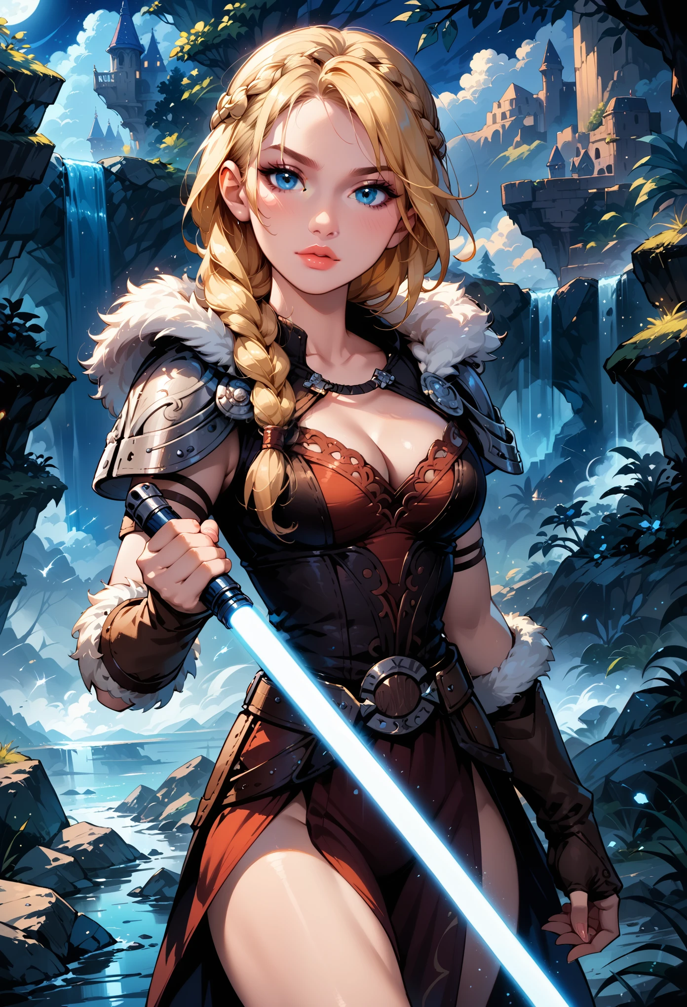 Dark Fantasy Art of score_9, score_8_up, score_7_up, rating_questionable, fantasy, lighting, epiCPhoto 1girl, solo, very sexy smuggler jedi (ASTRIDHOFFERSON, blonde hair, braid, Long hair, blue eyes, fur trim, shoulder armor, armor, pauldron:1.2), cleavage, thigh,  flirt, gaze, sexy look, half-closed eyes, head tilt, filled lips, thick lips, makeup, confident look, holding blue zzLightSaber, attack stance, modelling shoot, sexy pose, rocky shore setting, dark, moody, dark fantasy style, (midnight, moonless night:1.1), cowboy shot.