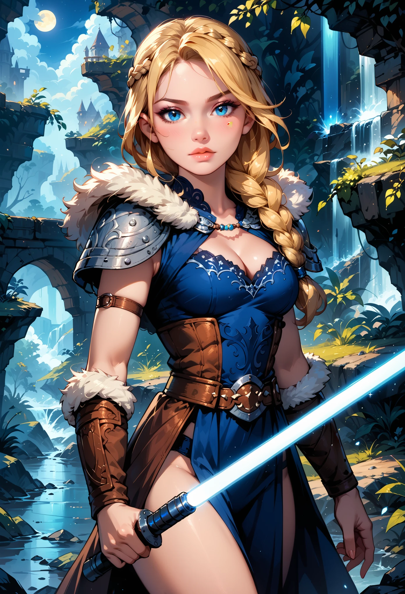 Dark Fantasy Art of score_9, score_8_up, score_7_up, rating_questionable, fantasy, lighting, epiCPhoto 1girl, solo, very sexy smuggler jedi (ASTRIDHOFFERSON, blonde hair, braid, Long hair, blue eyes, fur trim, shoulder armor, armor, pauldron:1.2), cleavage, thigh,  flirt, gaze, sexy look, half-closed eyes, head tilt, filled lips, thick lips, makeup, confident look, holding blue zzLightSaber, attack stance, modelling shoot, sexy pose, rocky shore setting, dark, moody, dark fantasy style, (midnight, moonless night:1.1), cowboy shot.