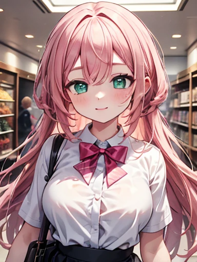 (masterpiece, Highest quality:1.4), 8k, Salmon Hair, Messy braided hair, Young people, Anime Girls, smile, teasing, Light green eyes, Large Breasts, Inside the shopping center, pinkクロップドセーター, pinkのスウェットパンツ, pink (Detailed eyes and face, Sharp Eyes, Realistic pupils:0.6)