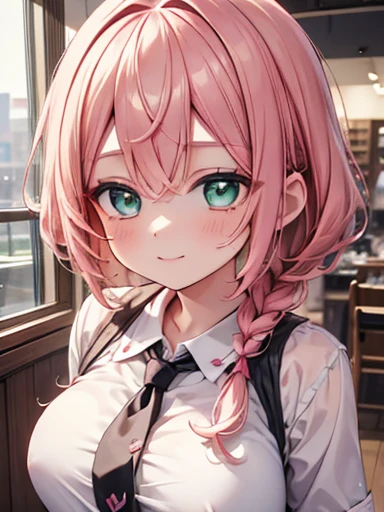 (masterpiece, Highest quality:1.4), 8k, Salmon Hair, Messy braided hair, Young people, Anime Girls, smile, teasing, Light green eyes, Large Breasts, Inside the shopping center, pinkクロップドセーター, pinkのスウェットパンツ, pink (Detailed eyes and face, Sharp Eyes, Realistic pupils:0.6)