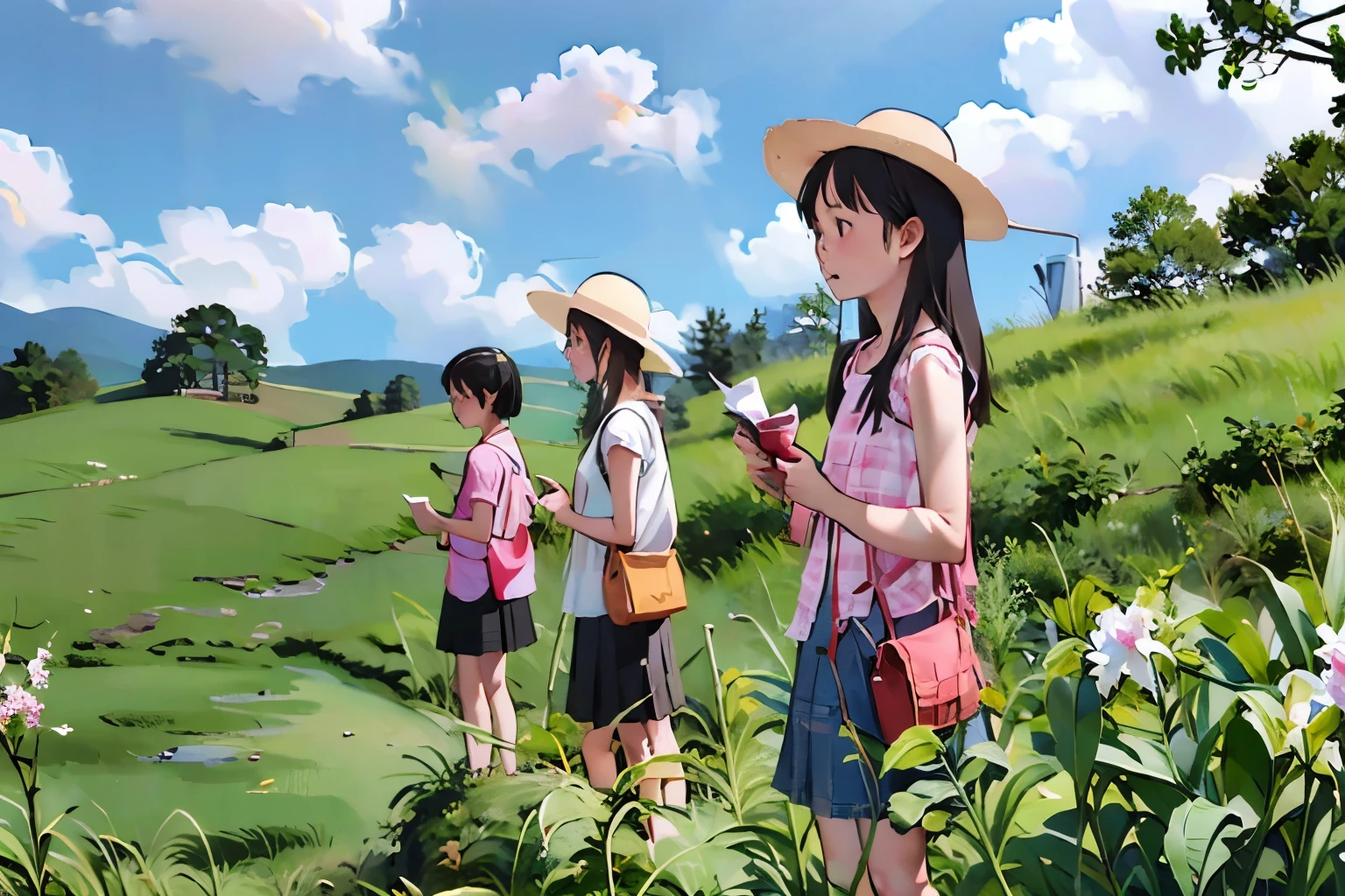 masterpiece, Highest quality,multiple, Three Girls, (countrysideのローカル線の無人駅のホームで)、(Kanoko lily flower)、Black Hair, short hair、Long Hair, Hair Ties, Hairbands, Hair ornaments, Straw hat、Shorts, skirt、Dappled daylight、Summer sky、White cloud、Outdoor, nature, wood々、 grassland、countryside、Suburban、