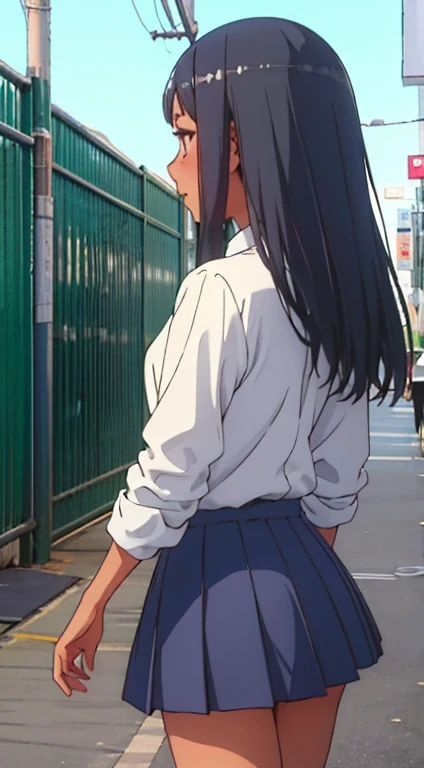 ((Highest quality、masterpiece、detailed))、(Rear view,)、 high school girl、 School uniforms、mini skirt、 (A little bit of her white panties are visible.)、high school girl, Skirt fluttering, walk