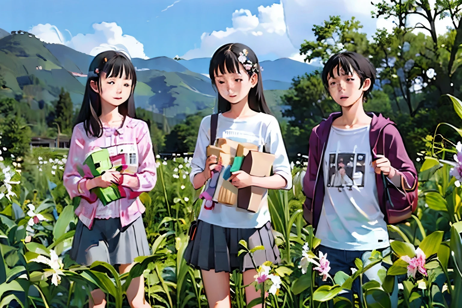 masterpiece, Highest quality,multiple, Three Girls, (countrysideのローカル線の無人駅のホームで)、(Kanoko lily flower)、Black Hair, short hair、Long Hair, Hair Ties, Hairbands, Hair ornaments, Straw hat、Shorts, skirt、Dappled daylight、Summer sky、White cloud、Outdoor, nature, wood々、 grassland、countryside、Suburban、