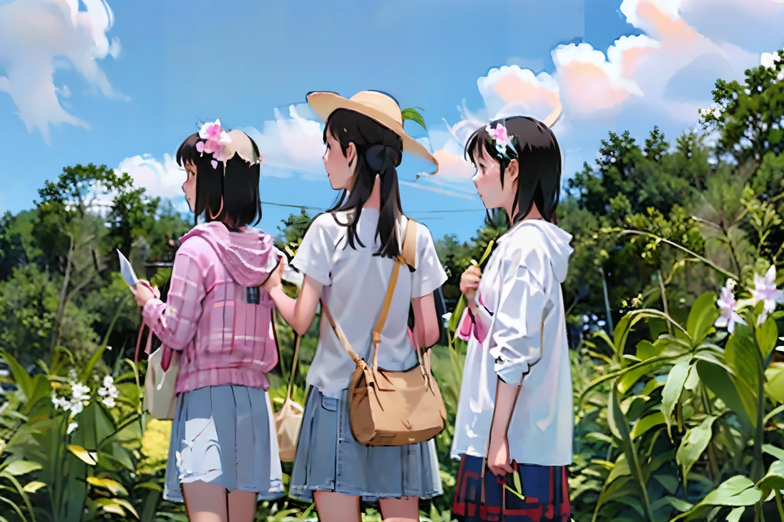 masterpiece, Highest quality,multiple, Three Girls, (countrysideのローカル線の無人駅のホームで)、(Kanoko lily flower)、Black Hair, short hair、Long Hair, Hair Ties, Hairbands, Hair ornaments, Straw hat、Shorts, skirt、Dappled daylight、Summer sky、White cloud、Outdoor, nature, wood々、 grassland、countryside、Suburban、