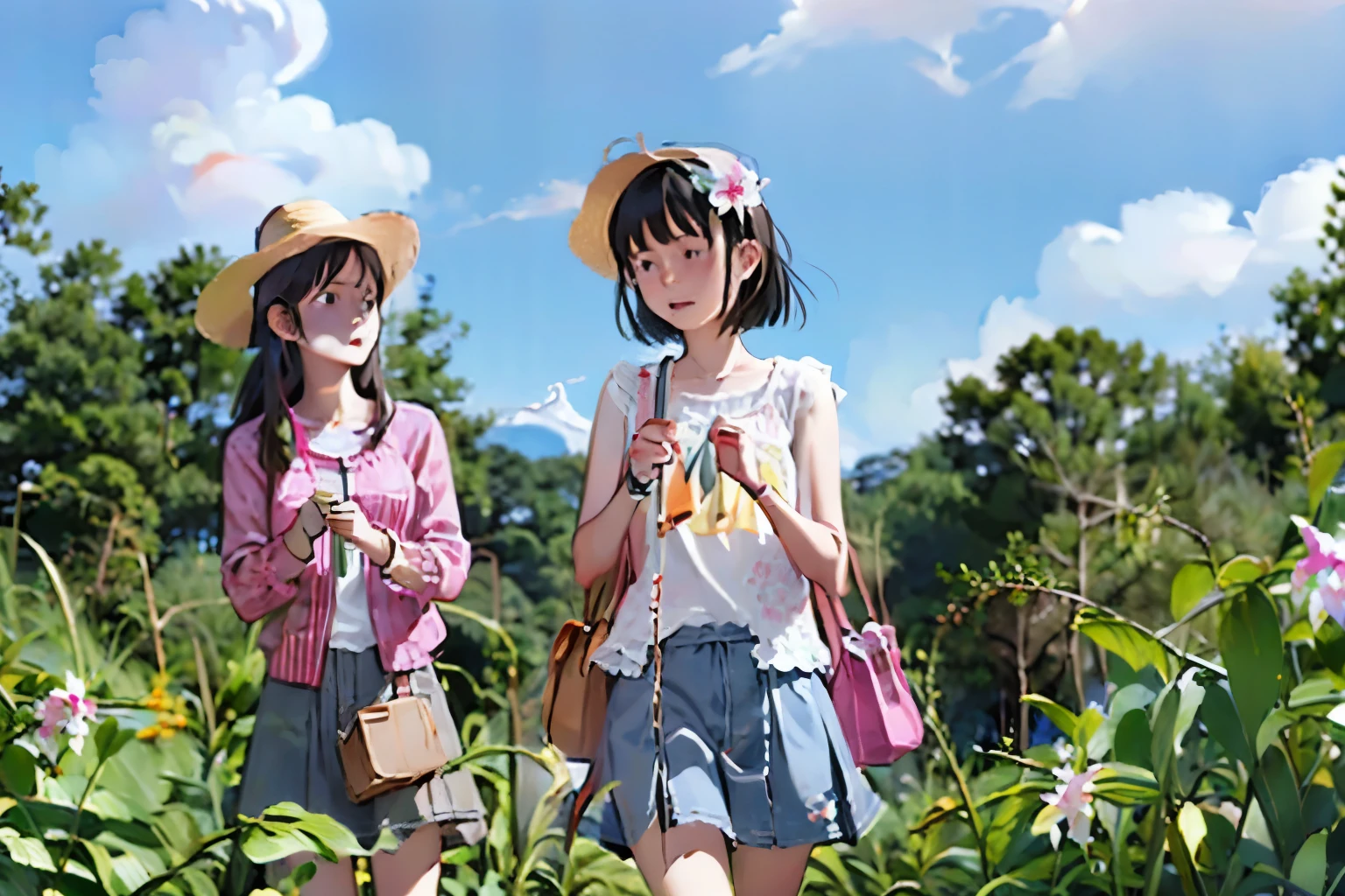 masterpiece, Highest quality,multiple, Three Girls, (countrysideのローカル線の無人駅のホームで)、(Kanoko lily flower)、Black Hair, short hair、Long Hair, Hair Ties, Hairbands, Hair ornaments, Straw hat、Shorts, skirt、Dappled daylight、Summer sky、White cloud、Outdoor, nature, wood々、 grassland、countryside、Suburban、