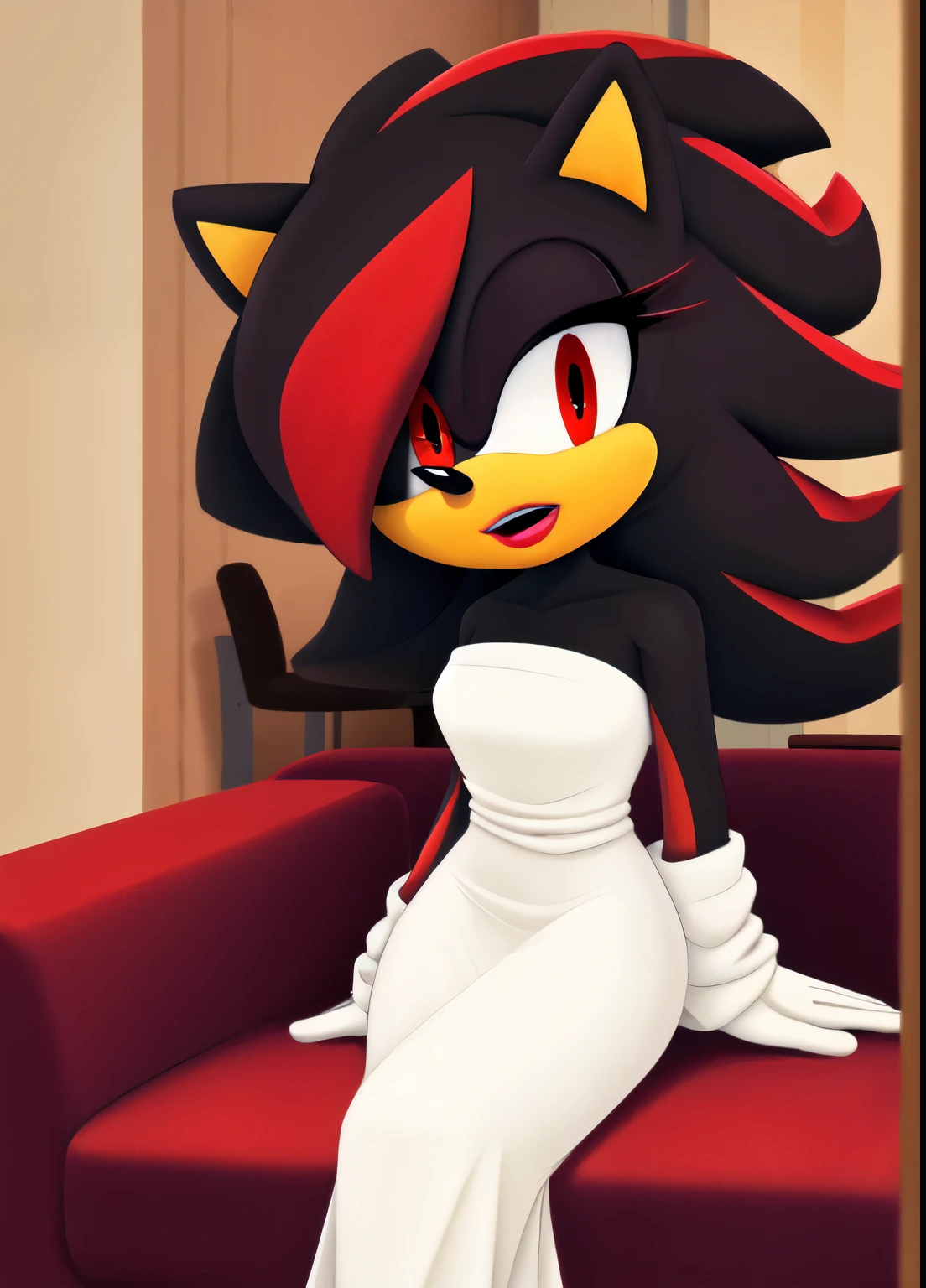score_9, score_8_up, 2D, hotel suite background, looking at viewer, 1girl, very detailed, extremely detailed, Shadow the Hedgehog from the sonic the hedgehog series, Shadow the hedgehog but female, Female Shadow, portrait, sound lines, open mouth, makeup, light on the lipstick, hair down, long hair, white tube dress, (tube dress), strapless dress, sitting on comfy couch, medium bust, milf, red eyes, one large hair bang, hair over one eye, sitting with one leg over the other
