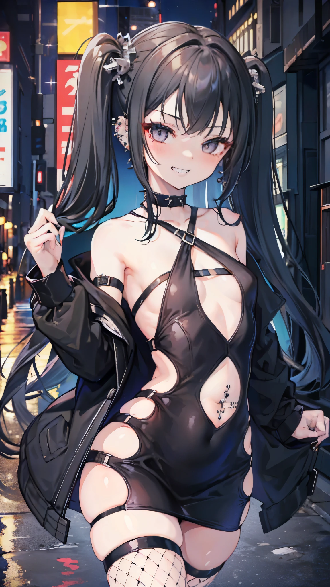 {{{{masterpiece}}}}}, {{{{best quality}}}}, {{high resolution illustration}}, {{highres}}, {{{intricate details}}}, {{{extremely delicate illustration}}}, {{{ultra detailed}}}, solo, completely nude, (loli, petite,skinny, flat chest:1.3), hmmarnie, aqua eyes, black choker, red ribbon, jewelry, black jacket, open clothes, long sleeves, \(basic\), spread legs,nude,breasts,nipples, arms behind back, cowboy shot,rainy alley background,black boots, no legwear,