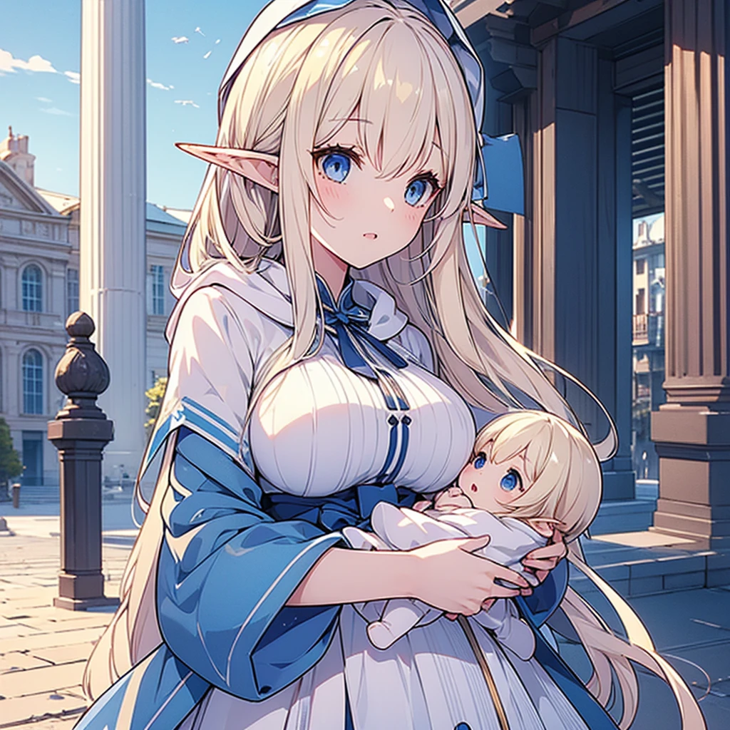 ((masterpiece, Highest quality, Highly detailed CG, unity 8k wallpaper,)), One woman, 1 baby, Young woman holding a baby to her chest, whole body, ancient architecture, blue sky, Sunny day, wooden building, Famous protagonists, Big eyes, (Big Breasts),Looking towards the audience, Long eyelashes,Pointy ears、blue eyes、Blonde、White clothes full of holes、Anxious expression、Brown coat with hood