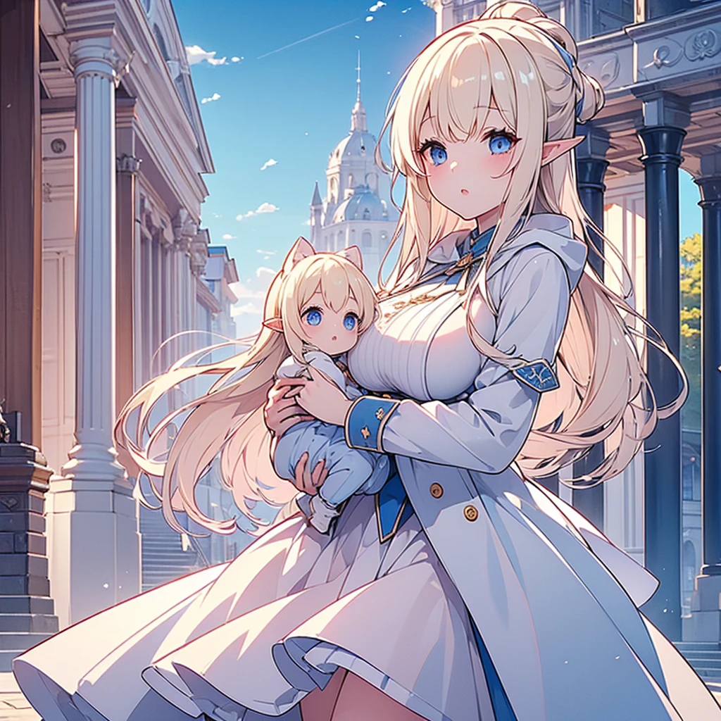 ((masterpiece, Highest quality, Highly detailed CG, unity 8k wallpaper,)), One woman, 1 baby, Young woman holding a baby to her chest, whole body, ancient architecture, blue sky, Sunny day, wooden building, Famous protagonists, Big eyes, (Big Breasts),Looking towards the audience, Long eyelashes,Pointy ears、blue eyes、Blonde、White clothes full of holes、Anxious expression、Brown coat with hood