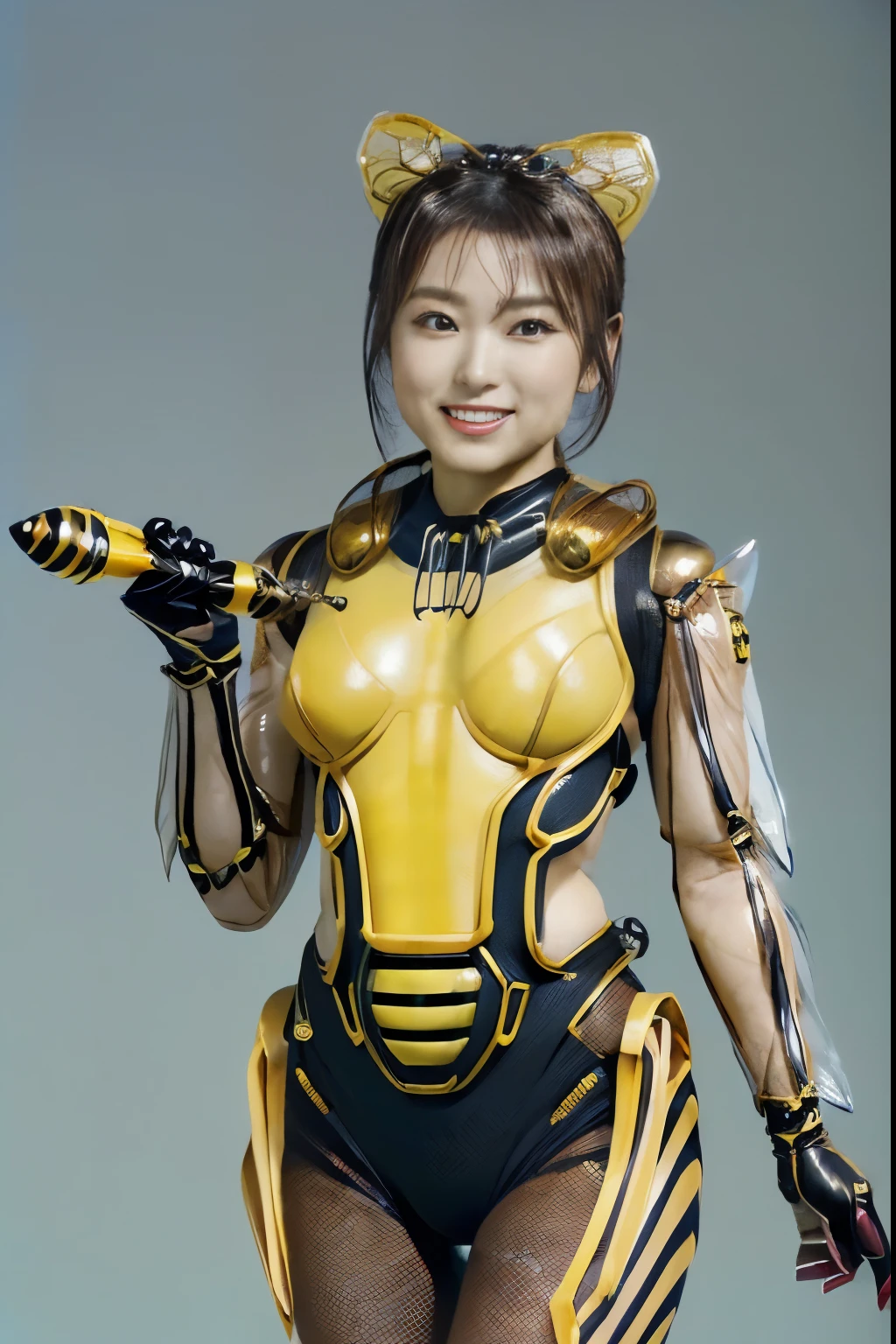 (high resolution,masterpiece,best quality,extremely detailed CG, anime, official art:1.4), realistic, photo, amazing fine details, all intricate, gloss and shiny,awesome many layers, 8k wall paper, 3d, sketch, kawaii, illustration,( solo:1.4), perfect female proportion,villainess, (fusion of queen bee and lady:1.4), (queen bee form lady:1.2), (queen bee lady:1.2), (fusion:1.2), (solo:1.4), (evil smile:1.2), muscular, abs, (queen bee exoskeleton bio insect suit:1.4), (queen bee exoskeleton bio insect armor:1.2), (brown transparency queen bee wing:1.4), (brown queen bee antennae:1.2), (large breasts:1.3), (having yellow rocket launcher:1.4),