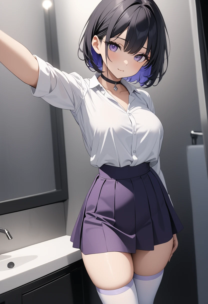 high quality, 最high quality、 Stylish design, (((The cutest girl))), ((Thin legs))、(((最high quality))), High resolution, ((detailed)), ((masterpiece)), ((Super detailed)), 17-year-old girl,(8th life),(camisole、mini skirt),((Black Hair,Inner Color)),((Calling the manga))