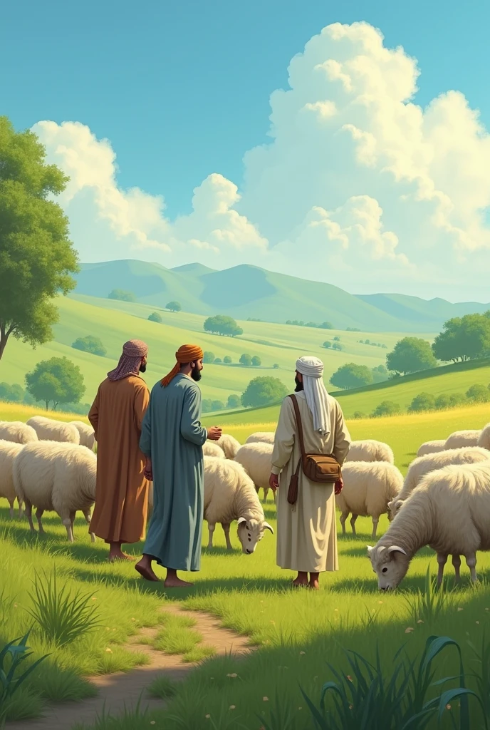 There are two men standing in front of a flock of sheep, Joseph and Joseph, Lamb Worship, Bible Illustration, High Quality Image, Biblical Art Style, Epic Biblical Representation, Pastoral, Biblical Clothing, Lamb and Goat, High Quality Wallpaper, HD Wallpaper, Biblical Painting, Sheep, Mystic Shepherd, Fantastic Pastoral Reality, Biblical Image, myth
