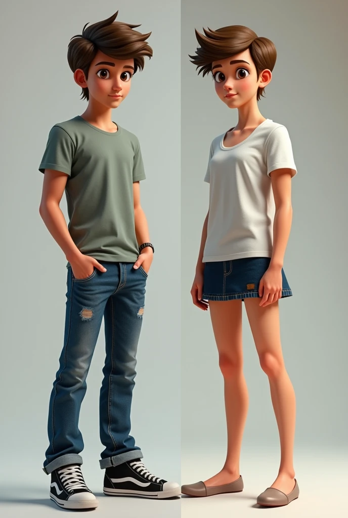 Create a split image of the same young man with short blond hair, androgynous face and body wearing a black shirt, jeans and white sneakers on one side and on the other wearing a thin-strap blouse, blue denim skirt and wedge sandals on his feet with a wooden wall in the background with the same hair  