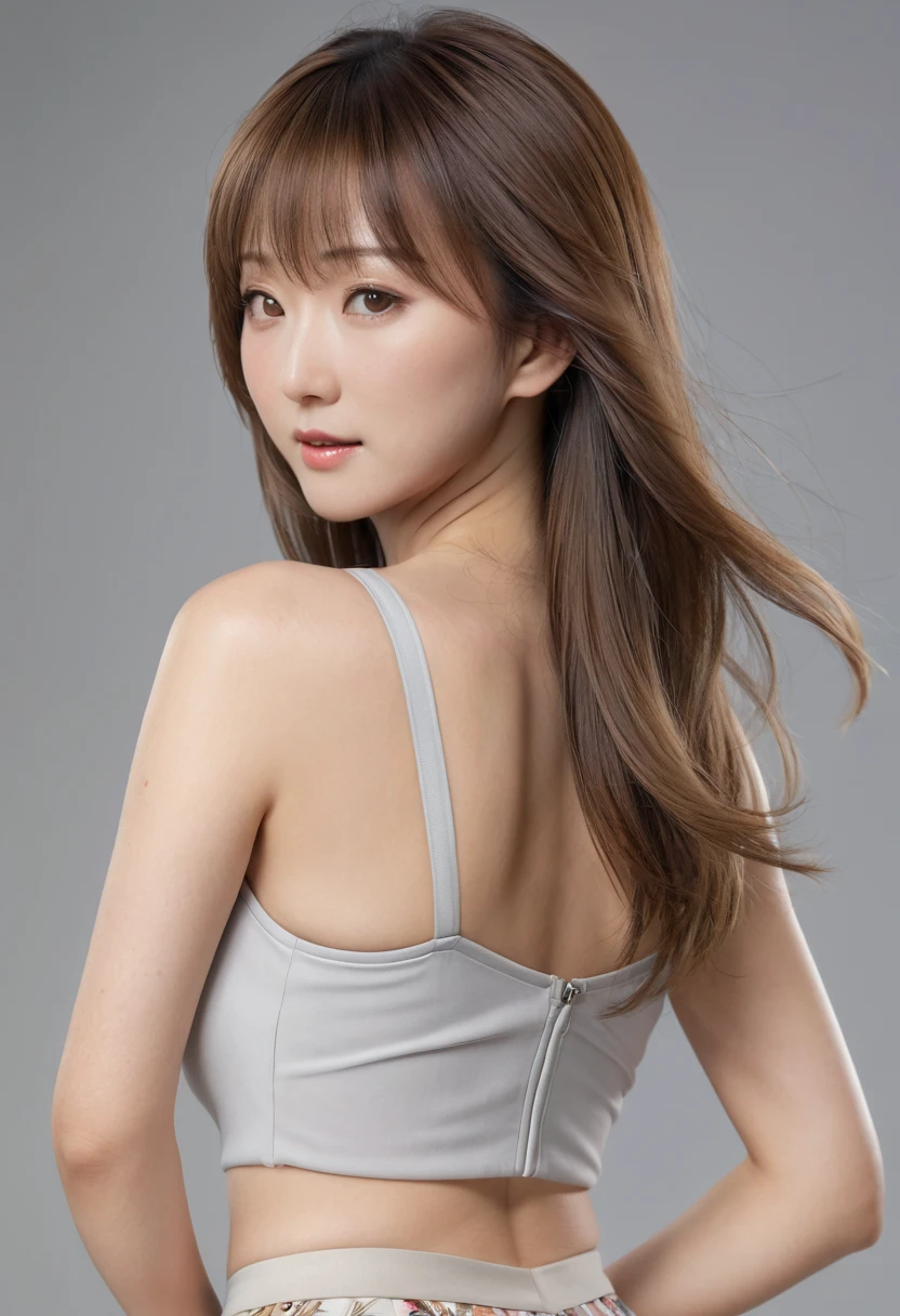 masterpiece, best quality, high resolution, 8k, photorealistic, detailed face and eyes, natural skin, grey background, 
(1 Japanese woman, beautiful mature), full body, from behind, wrinkles:1.2, white tank top and flare skirt, well-shaped medium breasts and hip, cleavage, 40 years old,
light brown long straight hair fluttering in wind, full bangs, ayame,