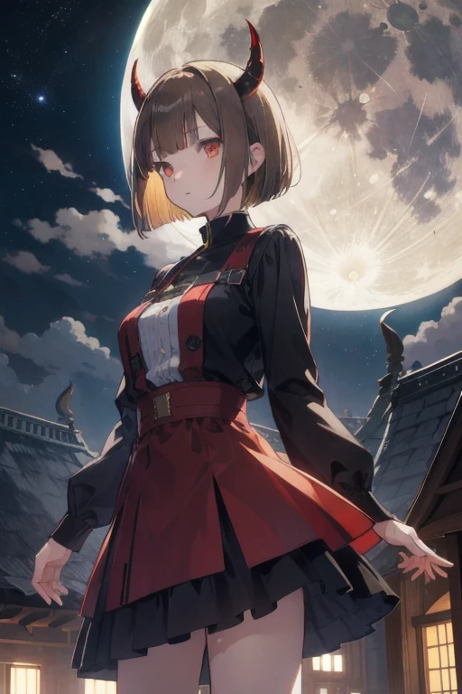 Yellow-brown hair，Bobcut，short hair，ワンレングスBobcut，Asymmetrical Hair，Long left hair，Red Eye，nakasu kasumi，Devil Cosplay，night，Valhalla Castle，Outdoor，full moon，gun，horn，Devil&#39;s Tail，Angry face