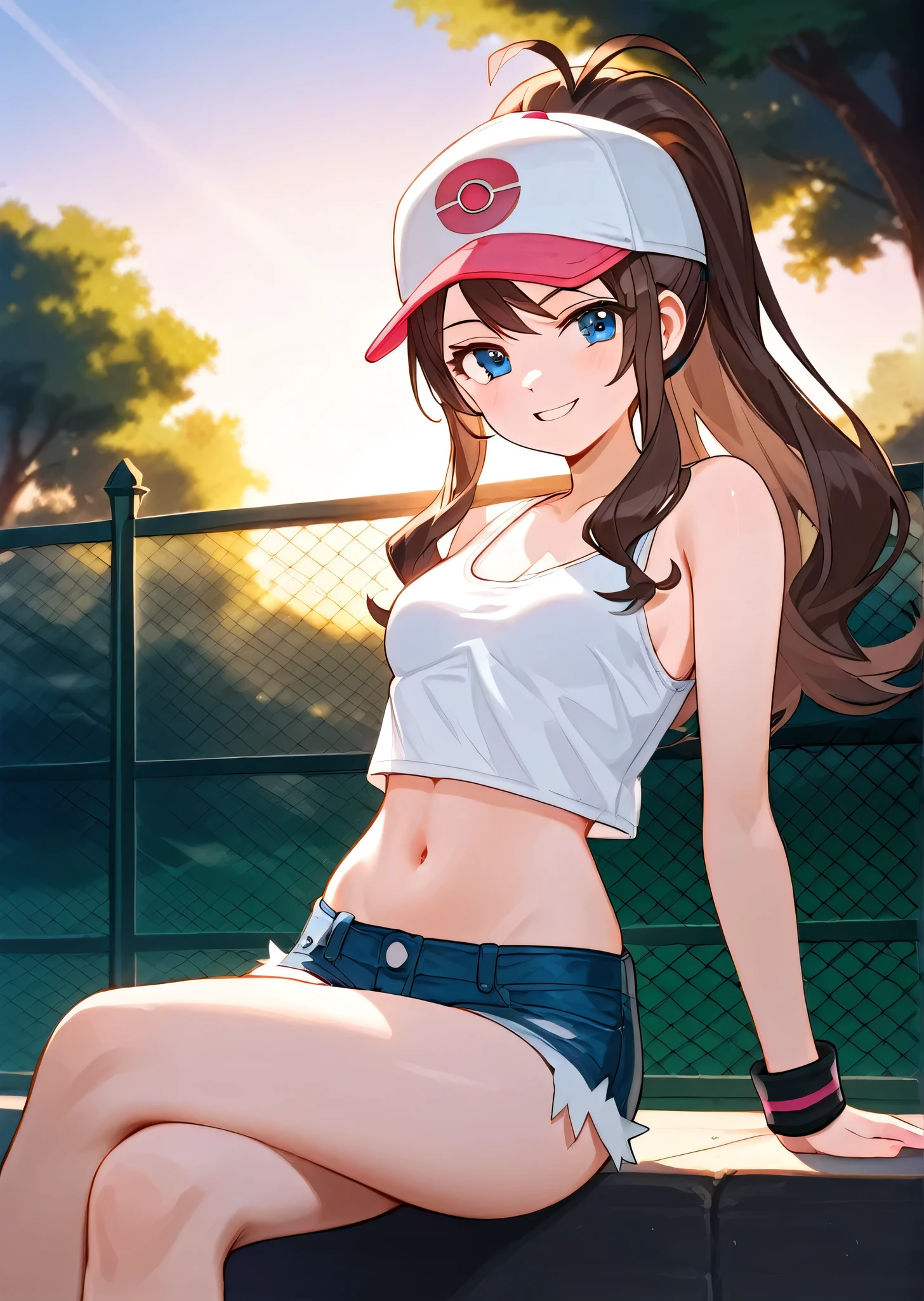 [hilda \(pokemon\)], [Pokemon], ((masterpiece)), ((HD)), ((high res)), ((solo portrait)), ((front view)), ((waist up)), ((cute anime aesthetic)), ((detailed shading)), ((intricate details)), {(attractive figure), (brown hair), (long ponytail), (cute blue eyes), (small breasts), (curvy hips), (beautiful legs), (smug grin)}, {(white tank top), (navel), (short jean shorts), (exposed pockets), (white baseball cap with pink brim)}, {(sitting on fence), (crossed legs), (looking at viewer)}, [ambient lighting, plains, park, sun rays, trees, sunset]