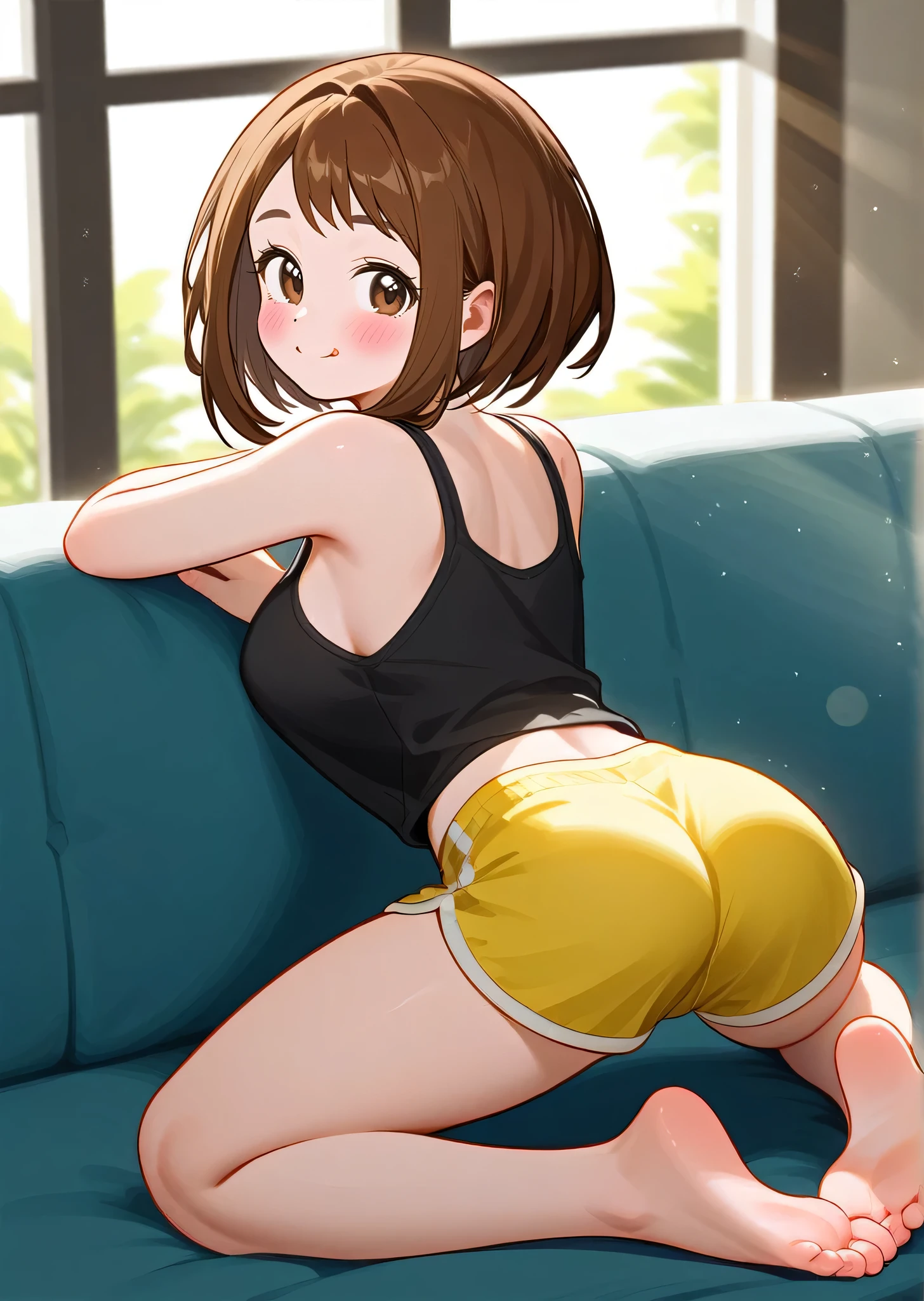 [ochako uraraka], [Boku no hero academia], ((masterpiece)), ((high res)), ((solo portrait)), ((back view)), ((full body)), ((feet visible)), ((HD)), ((cute anime aesthetic)), ((detailed shading)), ((intricate details)), {(attractive figure), (rosy cheeks), (cute round brown eyes), (short brown hair), (short eyelashes), (large breasts), (curvy hips), (beautiful legs), (cute soft feet), (cute smile), (blushing)}, {(black tank top), (yellow lounge shorts)}, {(kneeling on couch), (looking at viewer)}, [ambient lighting, living room, window, sun rays]