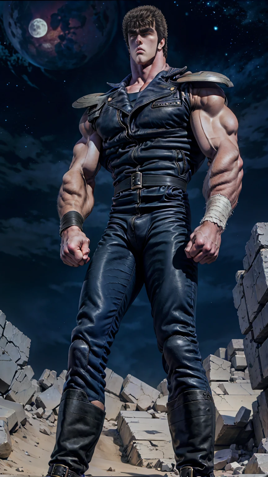 8K images、Realistic、Kenshiro of Fist of the North Star(:1.5)、Muscular、Fearless Face、Bad mood、Eyes Wide Open、Glare、Looking down、Blue and black leather jacket、red_wear an undershirt、、The ruins、strobe、Shooting from the feet、Combat pose、Standing、Threatening、Giant Moon、Leather boots、