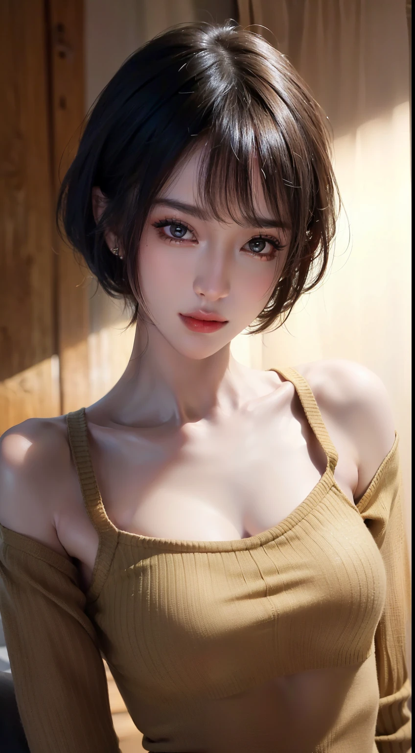 (masterpiece:1.3), (32K, photorealistic, RAW photo, best quality: 1.4), (1girl), beautiful face, (realistic face), (black hair, short hair:1.3), beautiful hairstyle, realistic eyes, beautiful detailed eyes, (realistic skin), beautiful skin, (sweater), absurdres, attractive, ultra high res, ultra realistic, highly detailed, golden ratio,(Slim figure),(Flat Chest),