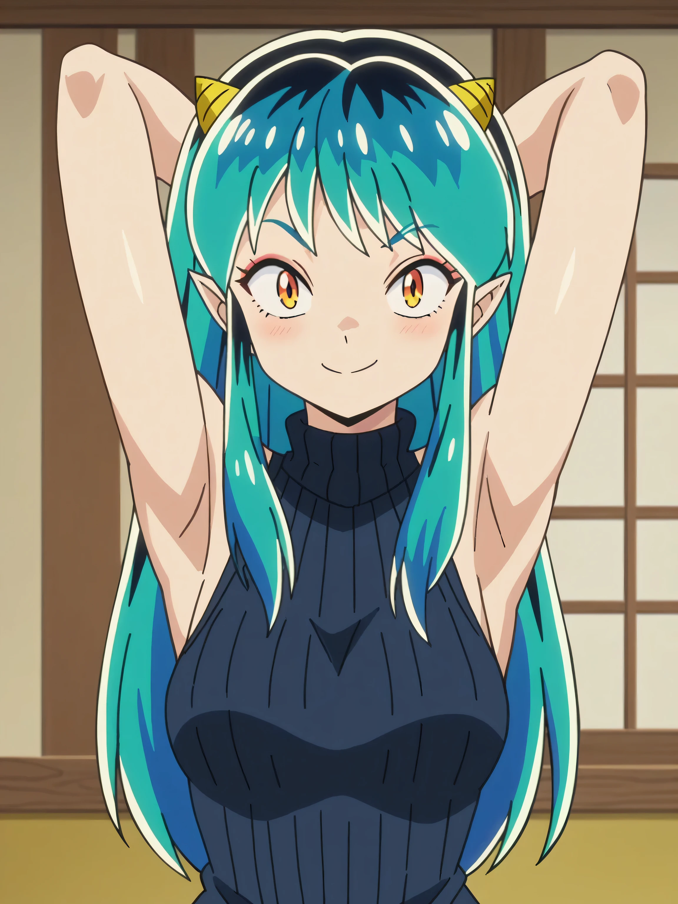 score_9, score_8_up, score_7_up, source_anime, anime screencap, indoors, 1girl, solo, lum, long hair, bangs, blue hair, orange eyes, horns, pointy ears, aqua hair, oni horns, eyeshadow, sweater, ribbed sweater, ribbed, turtleneck, turtleneck sweater, black sweater, sleeveless sweater, bare shoulders, bare arms, looking at viewer, eye contact with viewer, seducing smile, (smug:0.8), light blush, closed mouth, arms behind head, armpits, shiny skin, shiny hair, medium breasts 