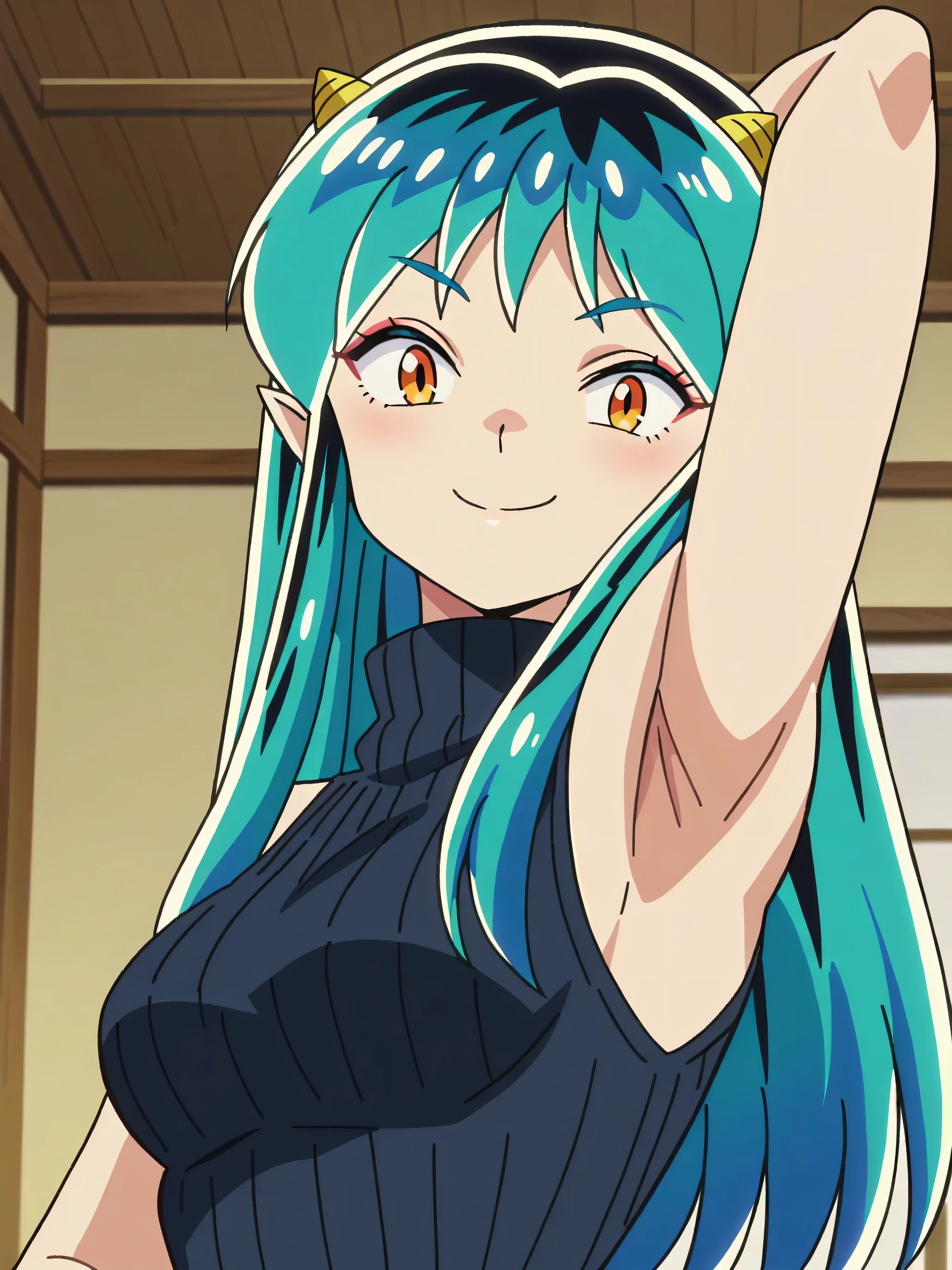 score_9, score_8_up, score_7_up, source_anime, anime screencap, indoors, 1girl, solo, lum, long hair, bangs, blue hair, orange eyes, horns, pointy ears, aqua hair, oni horns, eyeshadow, sweater, ribbed sweater, ribbed, turtleneck, turtleneck sweater, black sweater, sleeveless sweater, bare shoulders, bare arms, looking at viewer, eye contact with viewer, seducing smile, (smug:0.8), light blush, closed mouth, arms behind head, armpits, shiny skin, shiny hair, medium breasts 