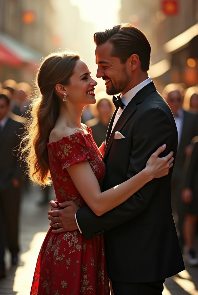 Couple in love, kissing passionately with roses petals gently drifting around them in the soft air, creating an enchanting atmosphere. Their eyes locked into each other's gaze, faces flushed with emotion. She wore a red dress that accentuated her figure, while he wore a matching blazer, both of them radiating happiness and romance. The petals danced around them like a dream, filling the frame with love and tenderness. Realistic and highly detailed image captured from a bird's eye view, creating an unforgettable moment frozen in time.