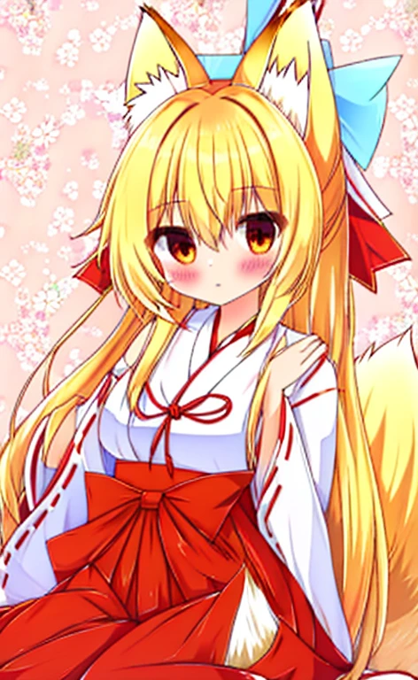 Beautiful long blonde girl　miko　Fox Ears　Fox Tail