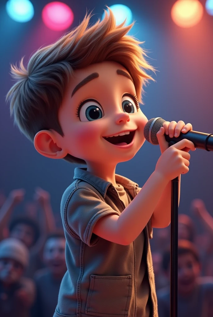 (green shirt,black pants,black sneakers,cute boy,microphone in hand,singing on a TV show),(illustration,photorealistic),(best quality,highres),(colorful,vibrant colors),studio lighting
