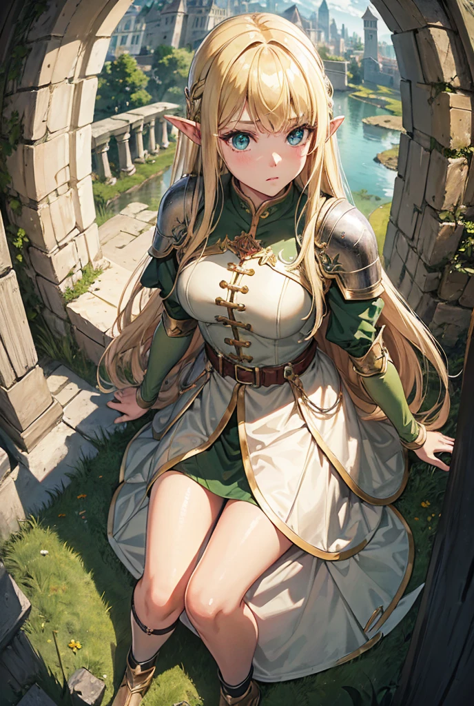 (absurdres, high fantasy artwork, best high quality image, carefuly detailed, very detailed features and textures, alone solo character, full body view, warhammer fantasy aesthetic)
{{(1character: 26 years old elf girl, (tall voluptuous body, face with blood, long straight golden hair with blood, with blood short pointy ears with blood, ligh blue eyes, big breasts, beautiful legs, beautiful arms, relaxed expression, sitting on the ground, resting), (ligh-armor with blood, green fairy short dress with blood, green scarf with blood, white long sleeves with blood, green heeled shoes, golden elvish long-bow)), (Greek garden road with pink and blue flowers)}}