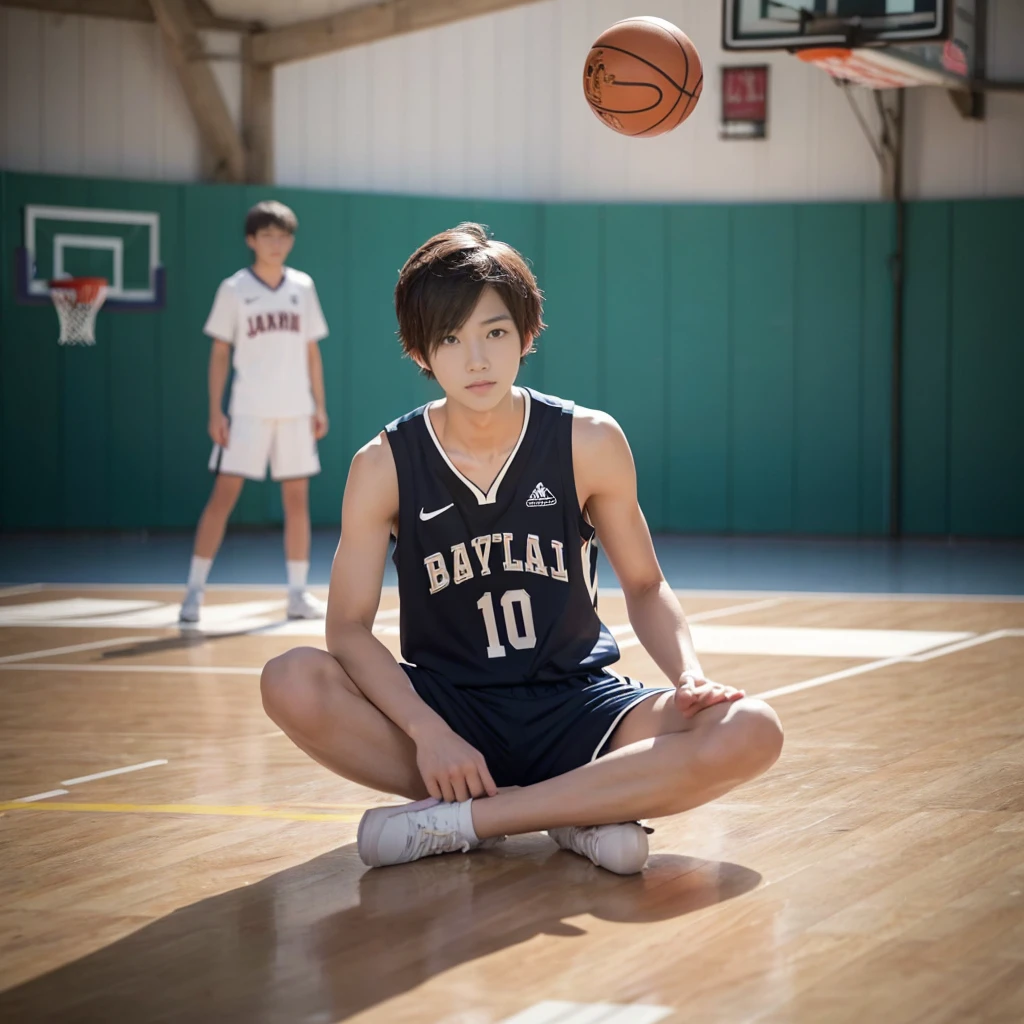 slim body, slender, Japanese cute boy,　baby face, A 20-year-old boy, A Japanese male student with a youthful, innocent face, wearing a basketball uniform, sitting barefoot in a wide-legged pose. He looks relaxed, with a basketball court or gymnasium in the background. Natural light filters in, creating a sporty atmosphere,　baby face A 20-year-old boy, Black hair, Messy hair, modern, Eye level shots, hyper HD, Masterpiece, (photorealistic, masterpiece, 8K HD, good lighting quality, portrait, closing up on face, intricate details