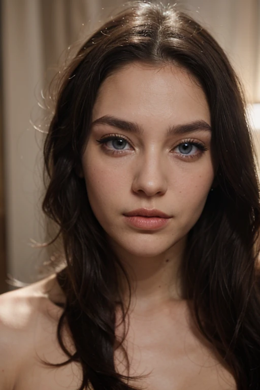 ((best quality)), ((masterpiece)), (detailed), perfect face realistic portrait photo of beautiful woman with long dark brown hair, Russian, influencer, light freckles, dark brown eyes, big lips, no makeup, insagram