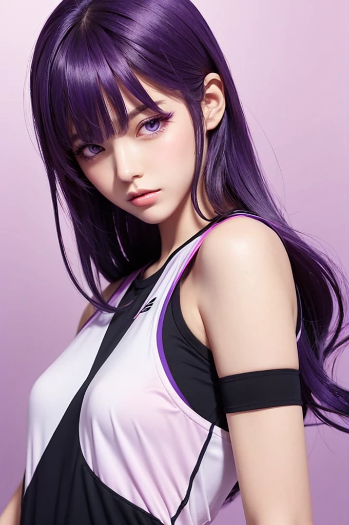 Masterpiece, anime CG, girl, purple hair, wheat-colored skin, bodysuit, sports girl, wearing basketball uniform, smooth texture, silk texture, purple pupils, perfect eyes