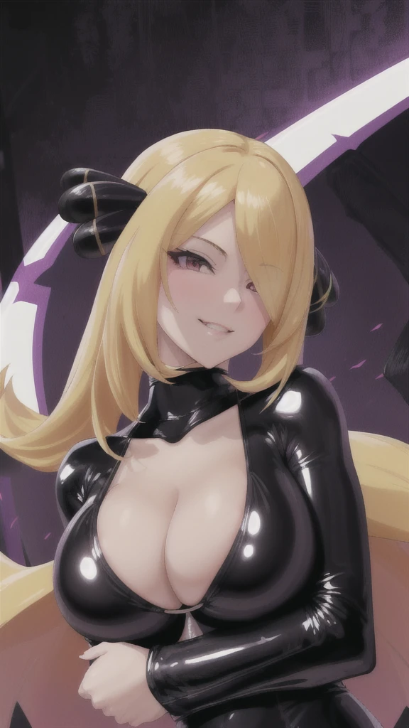  Erotic、Pokemon　Sirona、Blonde、Big Breasts, alone, Black latex swimsuit　Hydra suit, Purple evil background,Red eyes、 Highest quality, Detailed face, Detailed eyes, High resolution,Upper Body、Evil female executive、Wicked Smile、Cleavage、Sexy pose、Fallen into evil、Fall into Darkness、Dark Side、Succubus