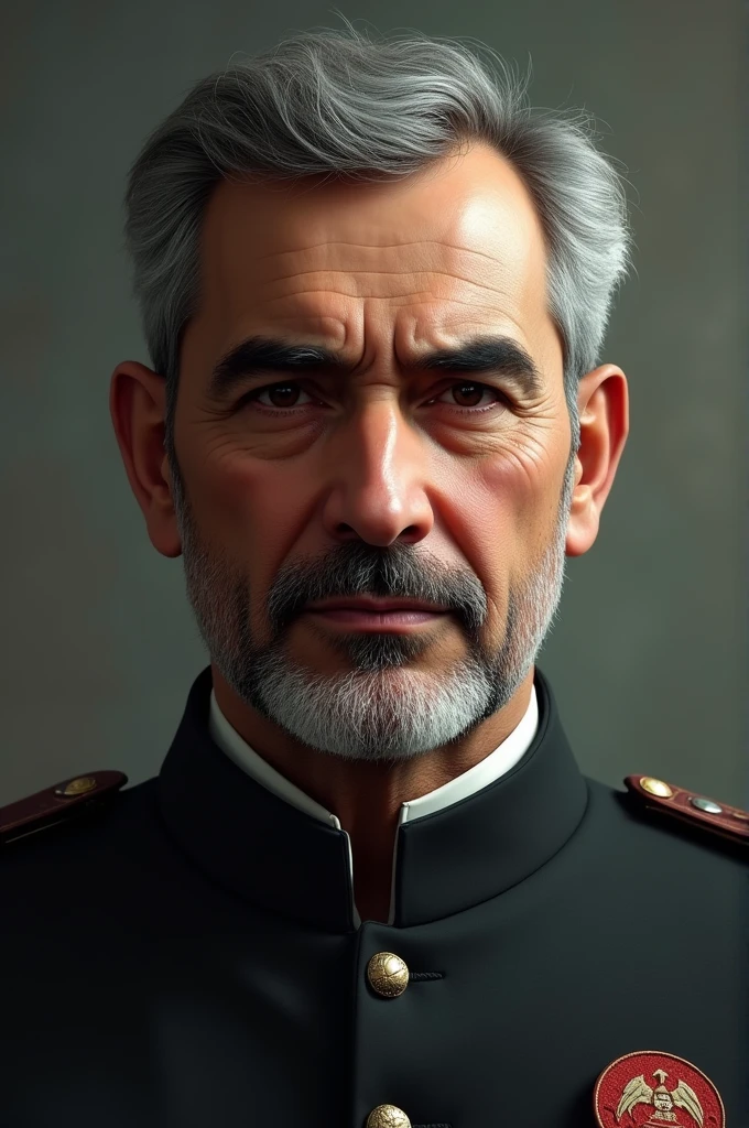 Old man with wrinkles face, (stylish hairstyle:1.3), gray hair, clear facial features, piercing gaze, (military clothes:1.2), intricate details), epic, High Detail, Sharp focus, dramatic, photorealistic painting art by midjourney and greg rutkowski