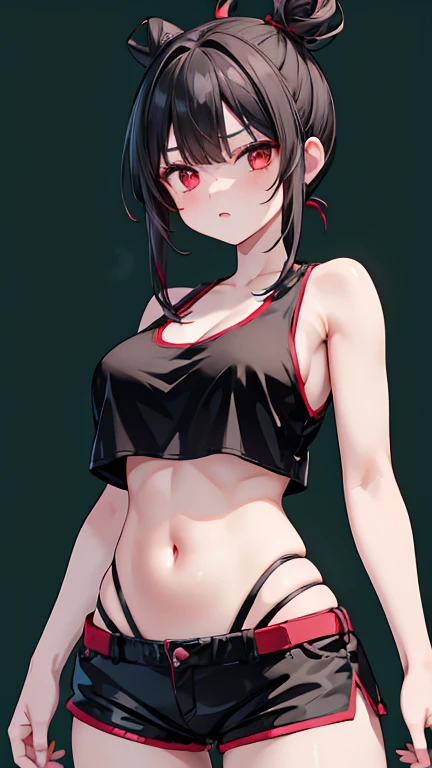 Woman with black hair, red eyes, smooth white skin, soft features,  She wears In short shorts and a tight white top, she carries a snake in her arma, In public, NSFW