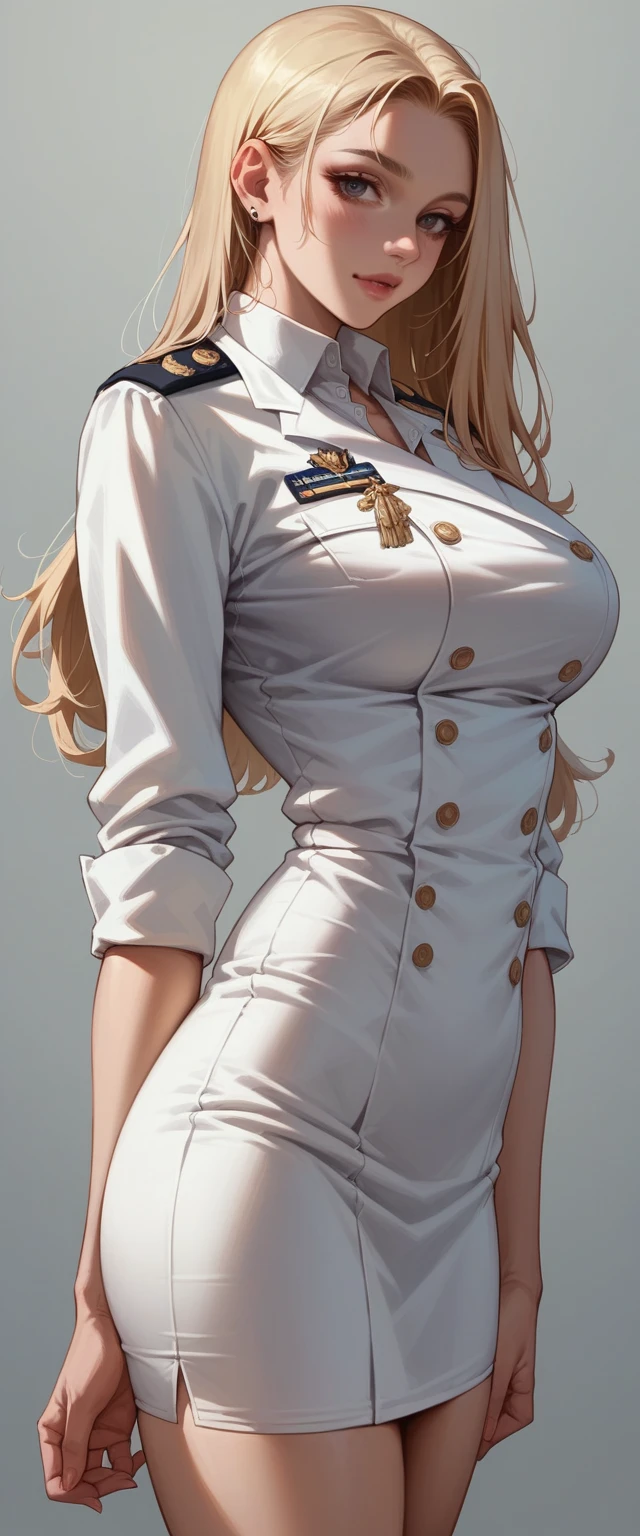 A sexy blonde girl with a voluptuous body wearing a new short naval dress uniform, It&#39;s too sexy and sensual, It has white lingerie with gold, It is for the exclusive use of your wife, a dress with a half-nipple neckline, low-cut back and only covers half of the ass and fishnet stockings that say armi and sexy high-heeled sandals 35 cm high with bows and shiny gold reflective sexy sensual uniform in the neckline has naval flag pants, sexy girl full body white sexy high heel sandals with high white stockings slutty tight dress with neckline that shows the nipple with some snow white stiletto heels and sexy with golden Versace fishnet stockings with shiny reflective golden details like mirrors too daring and sensual sexy not dress