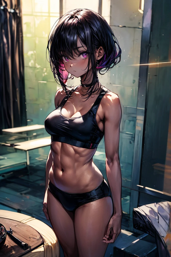 ((Sketch)), ((Watercolor)), ((best quality)), ((masterpiece)), (detailed), 4k image, anime style, beautiful young girl, sleek waist length dark violet-black hair, velvet colored eyes(mix of red and purple), serious and disdainful expression, sharp and arrogant facial features, full cherry pink lips, slim curvy body, tall height(180cm), narrow waist, D cup breasts, small but full curvy hips, oval shaped face, form-fitting sports bra and black form-fitting boxers(underwear), delicate and soft physique, standing pose with body turned at an angle, hips flaring out, looking at the camera with a focused gaze, smooth lightly tanned white skin with a slight sheen, natural indoor background with a bed and desk, soft daylight coming from the right side, casting gentle shadows, casual and slightly intense atmosphere, low angle, sharp focus on the subject, no motion blur, well-lit overall exposure, side view