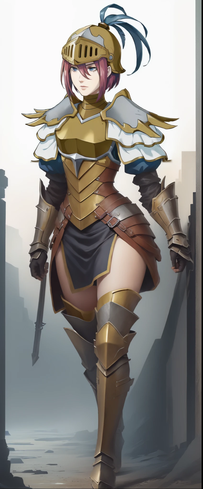 (masterpiece, 4K ,Super detailed:1.2), (anime:1), (Perfect quality), (anger), The whole body is shown, View Viewer, Holding a longsword, Adult women, tall, Full Body Art, ponytail, Knight's full plate decorated armor, Silver Cape, Perfect detail