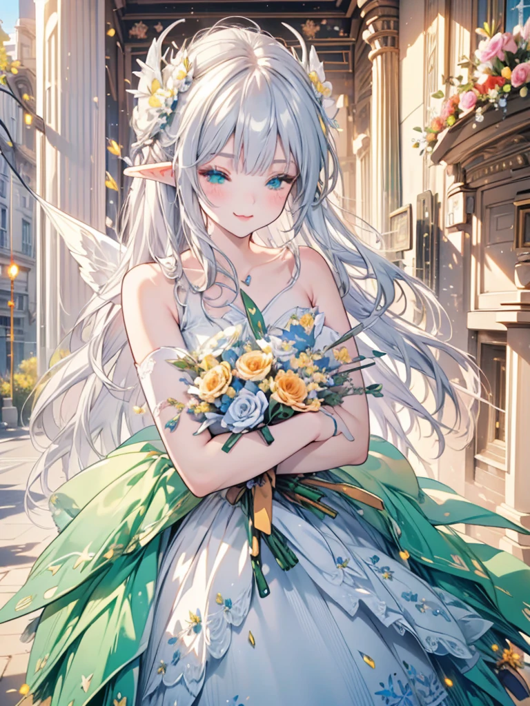 masterpiece, best quality, 1lady, ultra detailed, ultra highres, 8k, well-definded facial features, anatomically correct, cute lady, long pointy ears, elf, nice face, silver hair, green eyes, (cowboy shot:1.3), (hugging bouquet:1.6), (:p), one eye closed, 