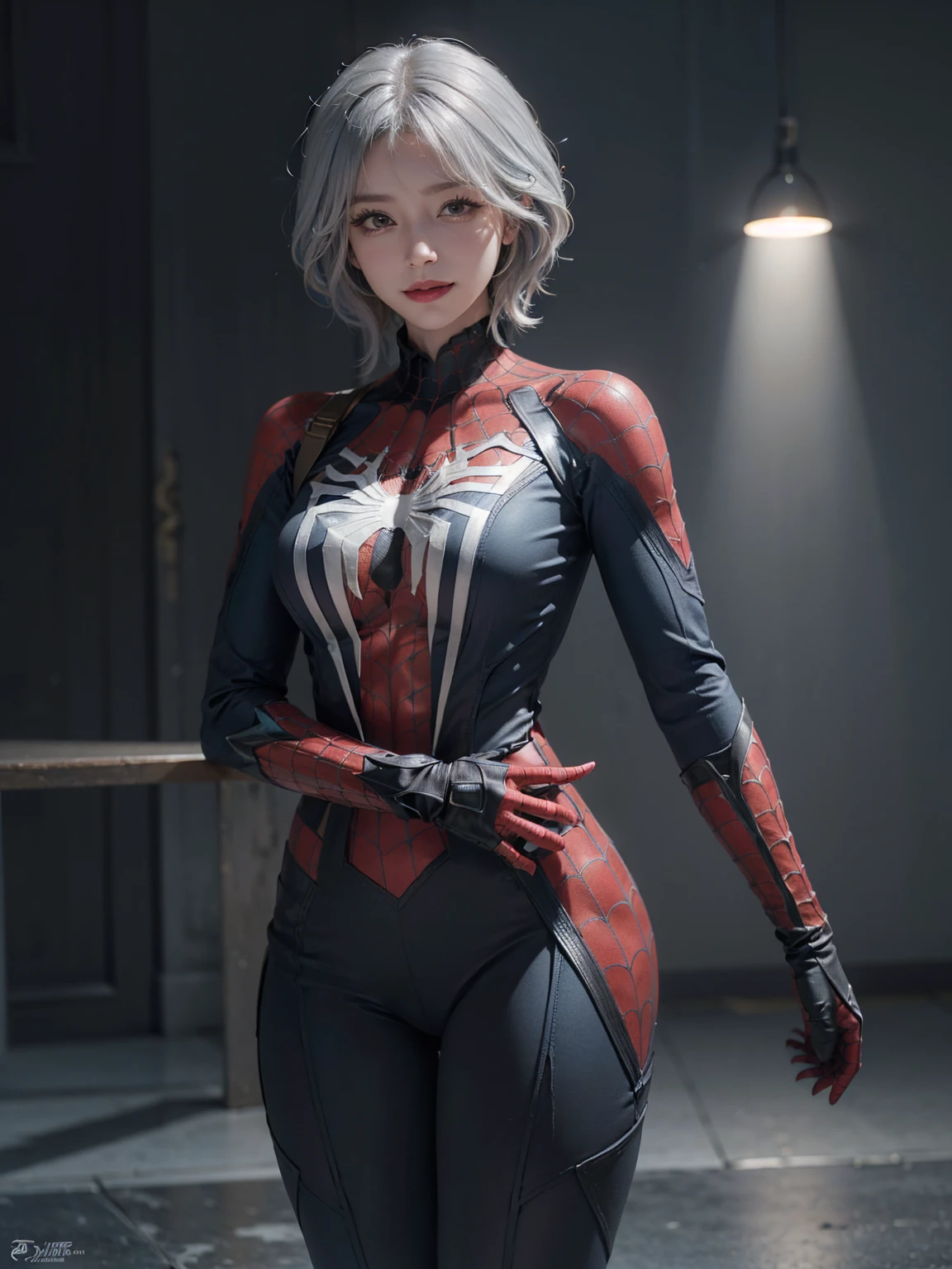 (Extreme Detail CG Unity 8K wallpaper, masterpiece, highest quality), (Exquisite lighting and shadow, highly dramatic picture, Cinematic lens effect), a girl in a white Spider-Man costume, silver gray hair color, from the Spider-Man parallel universe, Wenger, Marvel, Spider-Man, sitting on the couch, dynamic pose), (excellent detail, excellent lighting, wide angle), (excellent rendering, enough to stand out in its class), focus on white Spider-Man costumes, complex spider textures