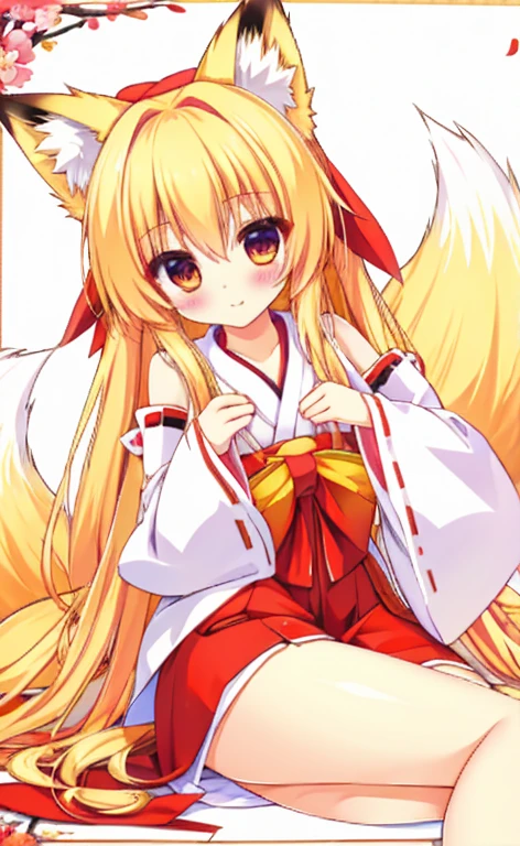 Beautiful long blonde girl　miko　Fox Ears　Fox Tail　shrine