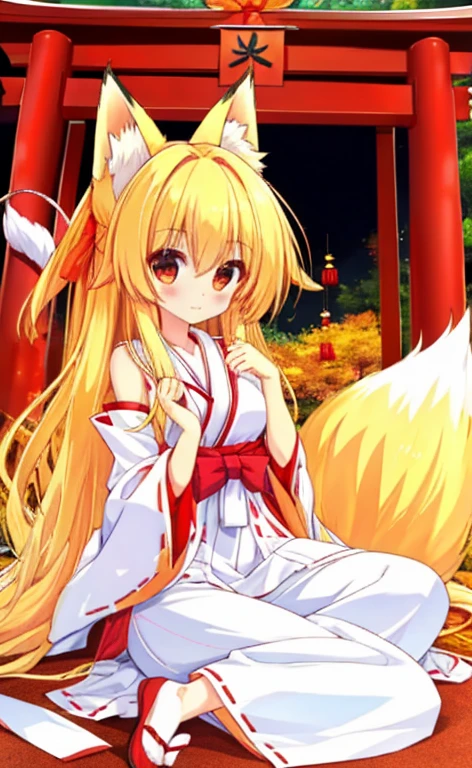 Beautiful long blonde girl　miko　Fox Ears　Fox Tail　shrine