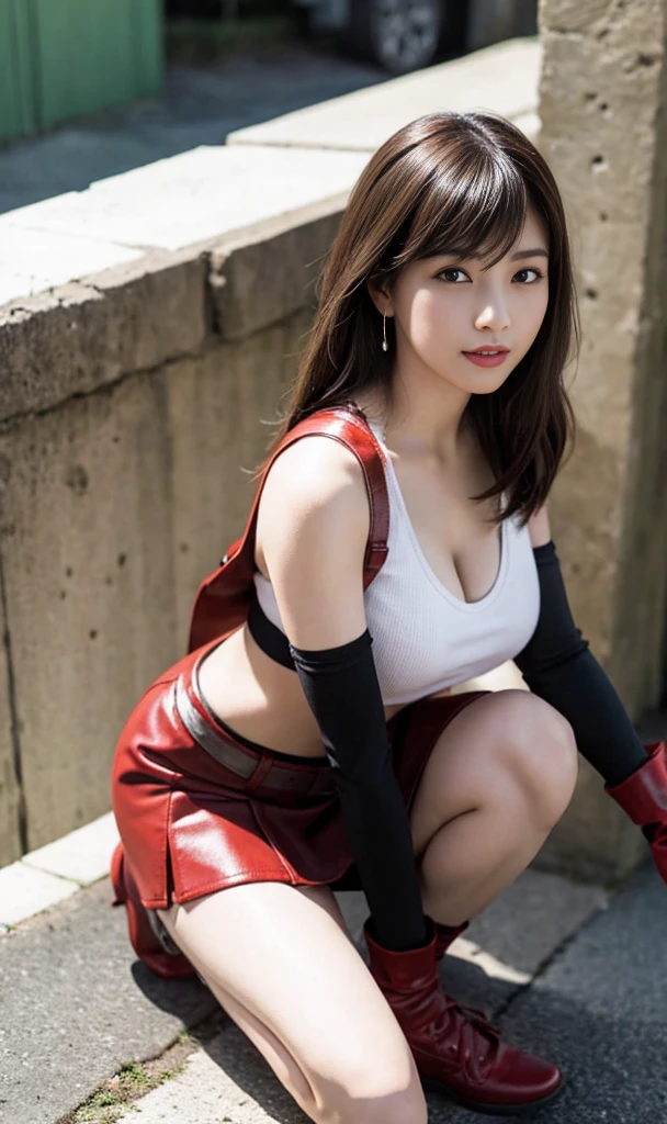 (8K, Best Quality, Masterpiece:1.2), (Realistic, Photorealistic:1.37), Ultra Detail, 1 Girl,Cute, Solo, (Tipha Lockhart), (Big Tifa),(Beautiful Detailed Eyes), (Smile:1.2), (Closed Mouth), Erotic Pose, Dance, Neon Lights, Cityscape, Depth of Field, Dark Strong Shadows, Sharp Focus, Car, Motion Blur, Motorbike, depth of field, good composition, glowing green, final fantasy vii, date,(blush), single elbow pads, ankle boots, black hair, black thighs, red boots, elbow gloves, elbow pads, fingerless gloves, taut shirt, sports bra, (suspenders black skirt), thighs, white tank top, full body, headrest, lips, pretty face, long low tie hair, (((red_ eyes)), yellow flowers, (night: 1.3), complex, bokeh, cinematic lighting, photon mapping, radiosity, physically based rendering, (Tetsuya Nomura style), perfect breasts