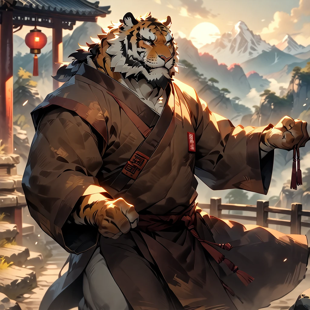 masterpiece, best quality, very aesthetic, absurdres, full body, portrait, from side, looking away, monk, plump middle-aged tiger man, fluffy body, brown eyes, beautiful beard, male face, big face, square jawline, male eyes, sharp eyes, big eyes, male eyebrows, innocent look, rotating the body, executing a high kick, dynamic pose, BREAK morning, chinese mountain, outdoor,